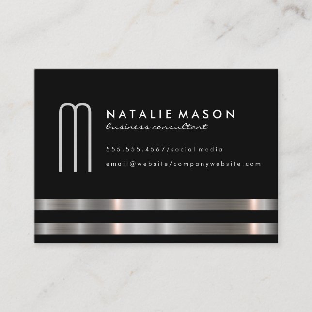 Modern Minimalist Monogram Silver Trim Business Card (Front)