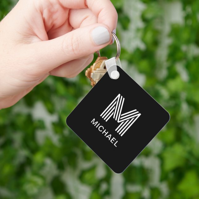 Modern Minimalist Monogram Stylish Black & White Keychain (Hand)