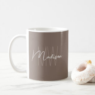 Modern Minimalist Monogram Taupe Script Name Coffee Mug