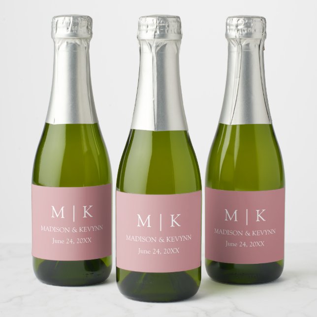 Modern Minimalist Monogram Wedding Dusty Rose Mini Sparkling Wine Label (Bottles)