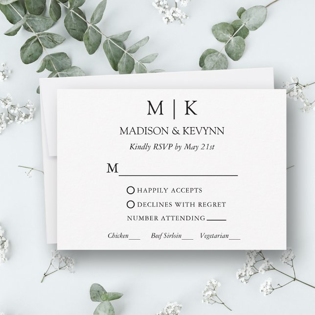 Modern Minimalist Monogram Wedding Meal RSVP Card (Customize to change text size, style or background color.)