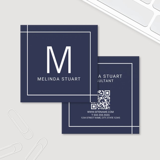 Modern Minimalist Monogram with Qr Code Square Bus Square Business Card (Creator Uploaded)