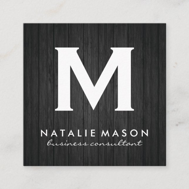 Modern Minimalist Monogram Wood Panel Square Business Card (Front)