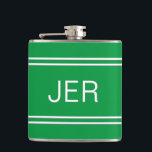 Modern Minimalist Monogrammed Initials Drink Green Hip Flask<br><div class="desc">Three Initial Letters Monogrammed stainless steel flasks are timeless, classic and stylish. Our Unique design is the perfect personalized gift for that special occasion. Shop our integrated collection of coordinating colours and golf - sports accessories. Custom personal monogrammed initials are added to a kelly green background with white shadowed font...</div>
