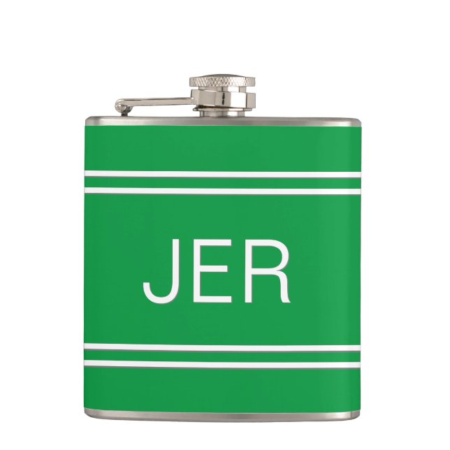 Modern Minimalist Monogrammed Initials Drink Green Hip Flask (Front)