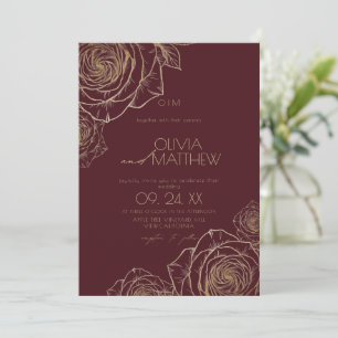 Modern Minimalist  Moody Flowers Gold Rose Wedding Invitation