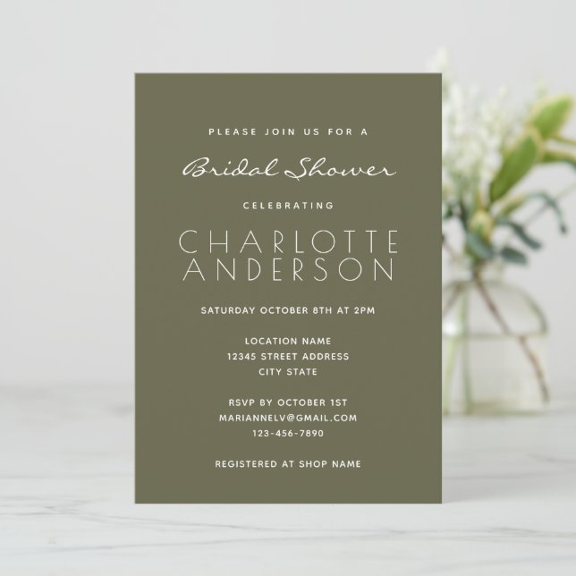 Modern Minimalist Moss Green Bridal Shower Invitation (Standing Front)
