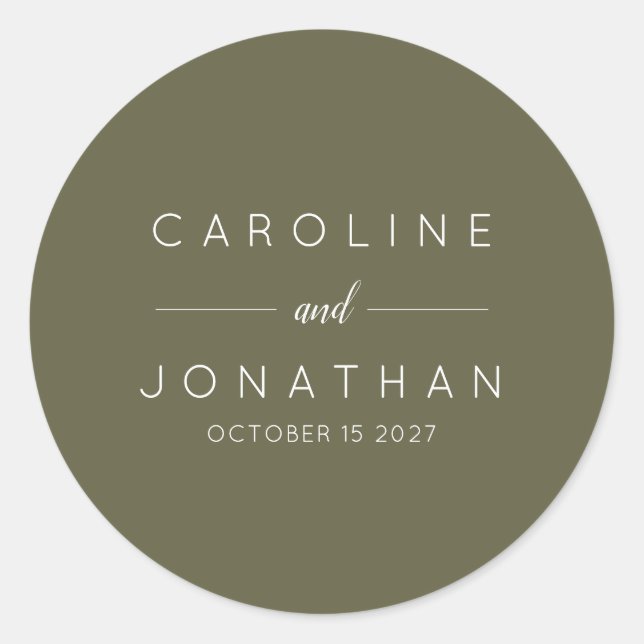 Modern Minimalist Moss Green Custom Wedding Classic Round Sticker (Front)