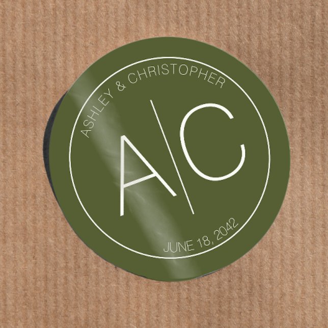 Modern Minimalist Moss Green Wedding Classic Round Sticker (Creator Uploaded)