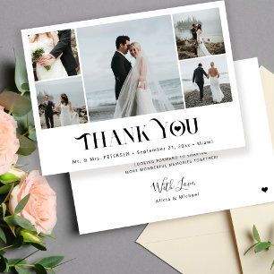 Modern minimalist multi photo collage wedding thank you card