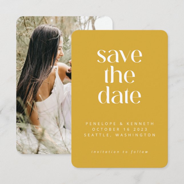 Modern Minimalist Mustard Yellow Simple Photo Save The Date (Front/Back)