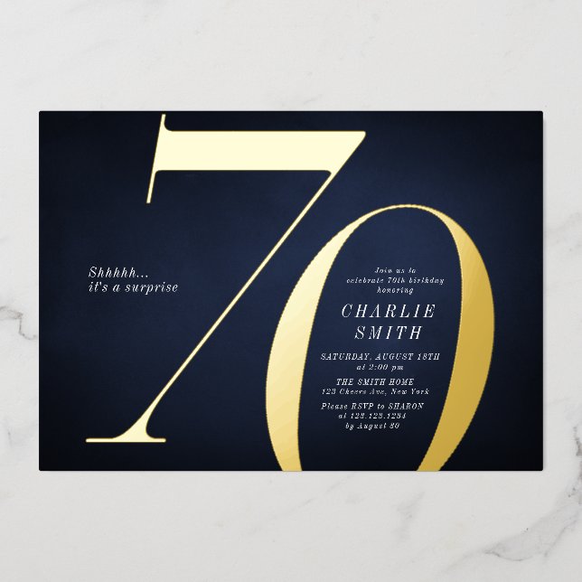 Modern minimalist navy and gold 70th birthday (Front)