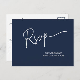 Modern Minimalist Navy and White Wedding RSVP Postcard