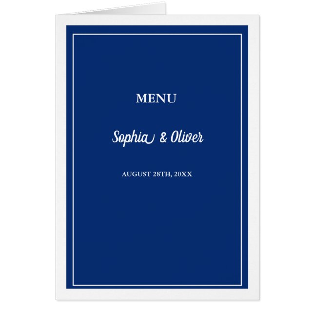 Modern Minimalist Navy Blue Folded Wedding Menu (Front)