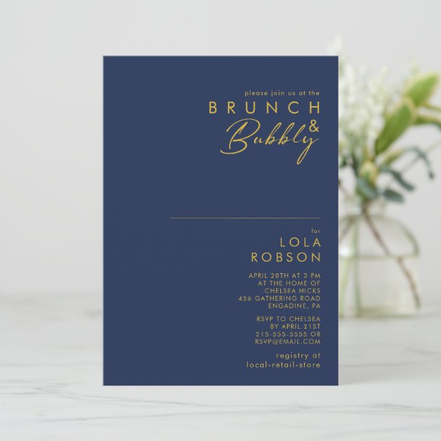 Modern Minimalist Navy Blue Gold Brunch and Bubbly Invitation (Standing Front)