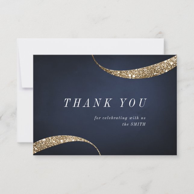 Modern minimalist navy blue gold glitter thank you card (Front)