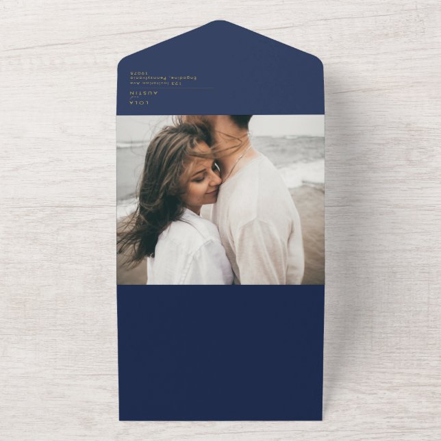 Modern Minimalist Navy Blue | Gold Photo All In One Invitation (Outside)