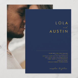 Modern Minimalist Navy Blue   Gold Photo Wedding Invitation