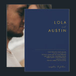 Modern Minimalist Navy Blue | Gold Photo Wedding Invitation<br><div class="desc">This modern minimalist navy blue | gold photo wedding invitation is perfect for your classy boho wedding. Its simple, unique abstract design accompanied by a contemporary minimal script and a dark navy blue colour palette gives this product a feel of elegant formal luxury while staying simplistic, chic bohemian. Keep it...</div>