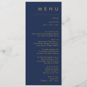 Modern Minimalist Navy Blue Gold Wedding Dinner Menu