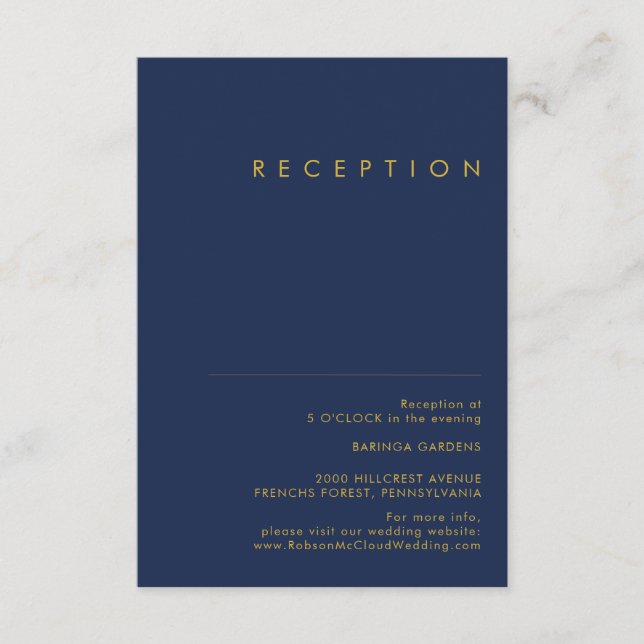 Modern Minimalist Navy Blue Gold Wedding Reception Enclosure Card (Front)