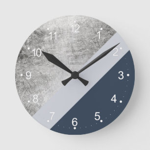 Modern minimalist navy blue grey silver foil block round clock