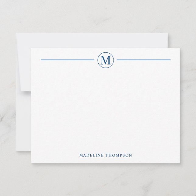 Modern Minimalist Navy Blue Monogram Line Circle Card (Front)