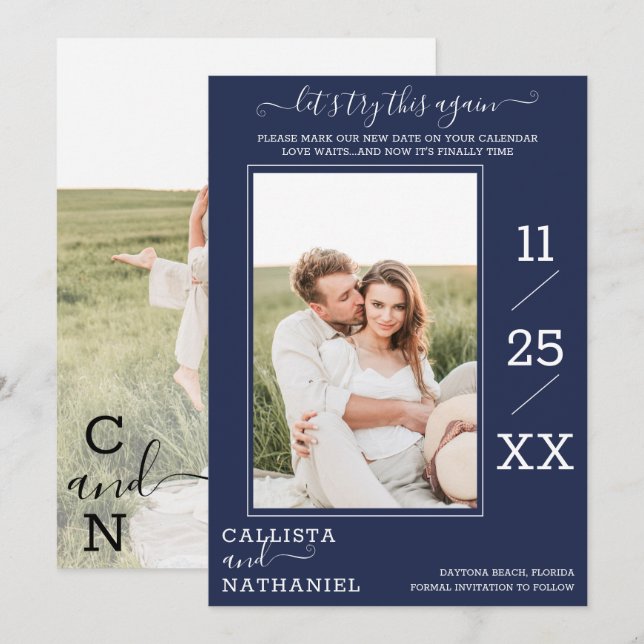 Modern Minimalist Navy Blue Photo Monogram Save The Date (Front/Back)
