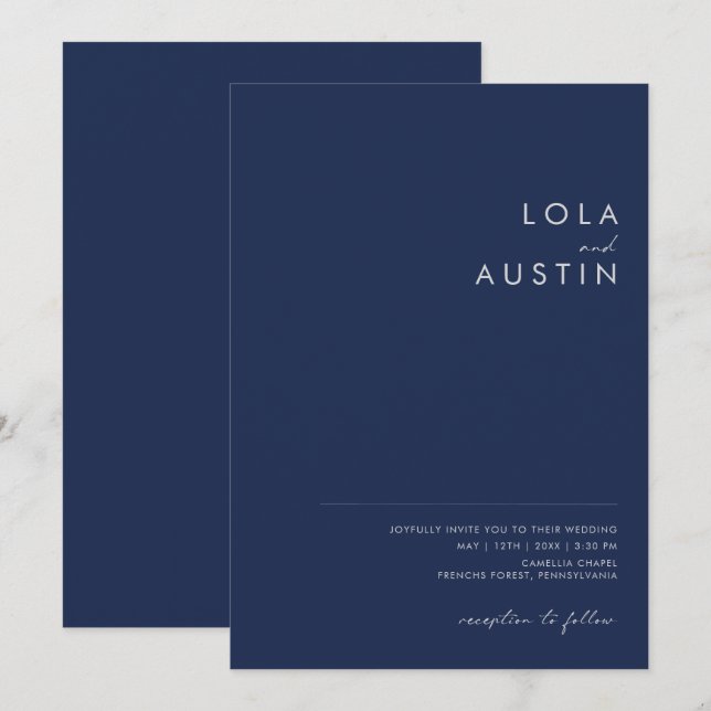 Modern Minimalist Navy Blue Silver Casual Wedding Invitation (Front/Back)