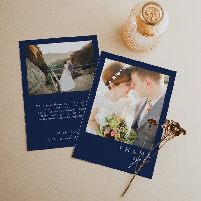 Modern Minimalist Navy Blue | Silver Flat Photo Thank You Card (Creator Uploaded)