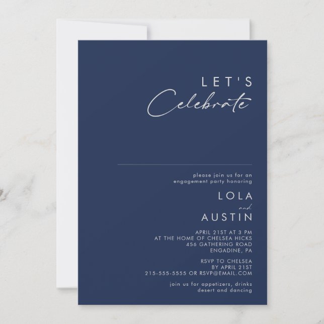 Modern Minimalist Navy Blue Silver Let's Celebrate Invitation (Front)