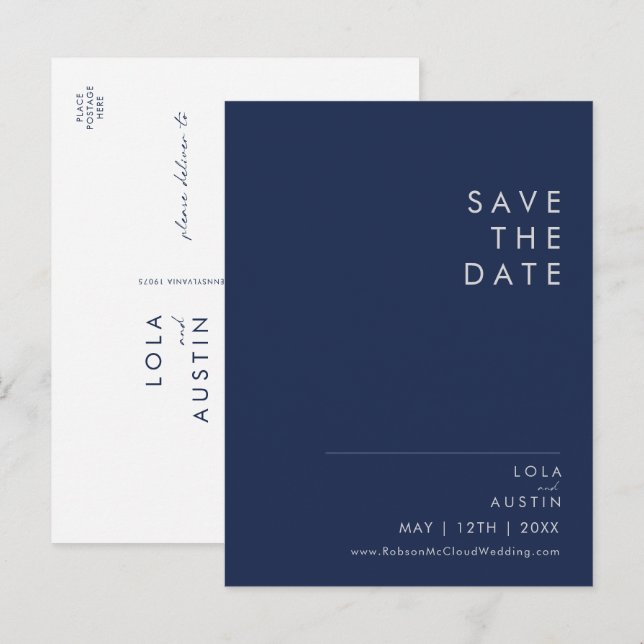Modern Minimalist Navy Blue | Silver Save The Date Invitation Postcard (Front/Back)