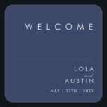 Modern Minimalist Navy Blue Silver Wedding Welcome Square Sticker<br><div class="desc">This modern minimalist navy blue silver wedding welcome square sticker is perfect for your classy boho wedding. Its simple, unique abstract design accompanied by a contemporary minimal script and a dark navy blue colour palette gives this product a feel of elegant formal luxury while staying simplistic, chic bohemian. Keep it...</div>