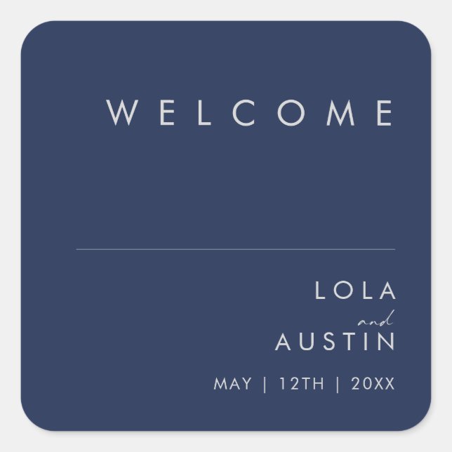 Modern Minimalist Navy Blue Silver Wedding Welcome Square Sticker (Front)