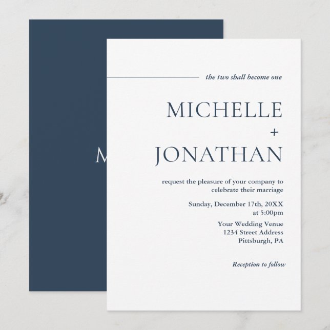 Modern Minimalist Navy Blue Text Christian Wedding Invitation (Front/Back)