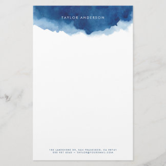 Modern Minimalist Navy Blue Watercolor Splash Stationery