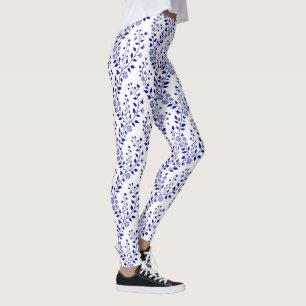 Modern Minimalist Navy Blue White Floral Leggings