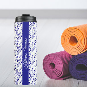 Modern Minimalist Navy Blue White Floral Script Thermal Tumbler
