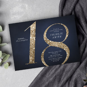 Modern minimalist navy gold glitter 18th birthday invitation