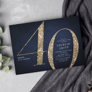 Modern minimalist navy gold glitter 40th birthday invitation