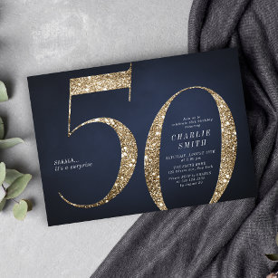 Modern minimalist navy gold glitter 50th birthday invitation
