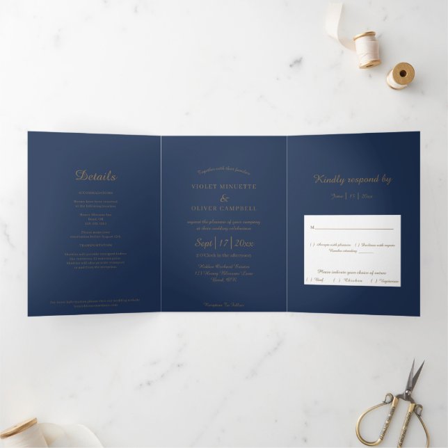 Modern Minimalist | Navy Gold Tri-Fold Invitation (Inside)