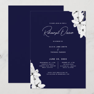 Modern Minimalist Navy Magnolia Rehearsal Dinner Invitation