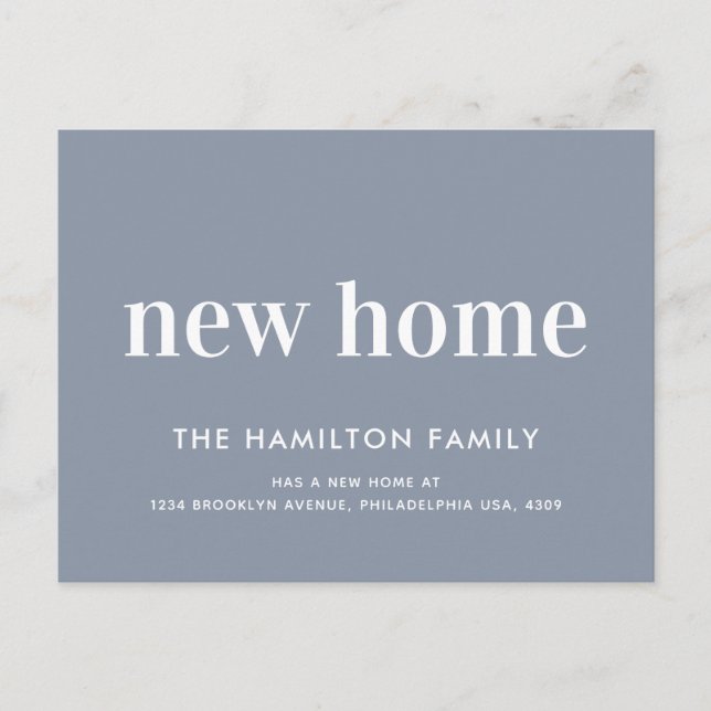 Modern Minimalist New Home Dusty Blue Announcement Postcard (Front)