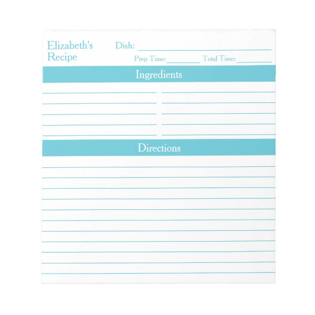 Modern Minimalist Ocean Blue Recipes Notepad (Front)