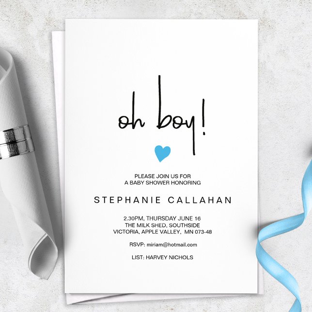 Modern Minimalist Oh Boy Blue Heart Baby Shower Invitation (Creator Uploaded)