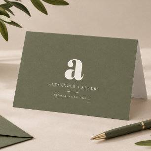 Modern Minimalist Olive Green Monogram Folded Note Card