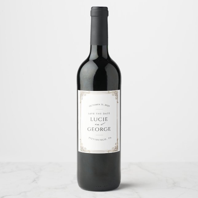Modern Minimalist Ornamental Frame Save the Date Wine Label (Front)