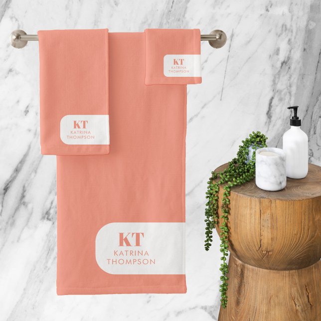 Modern Minimalist Peach Initials Monogram  Bath Towel Set (Creator Uploaded)