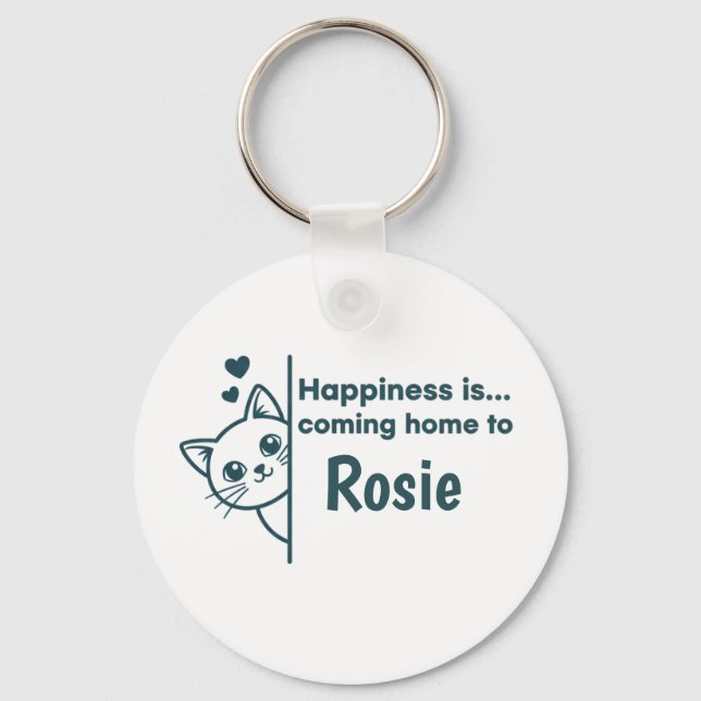 Modern Minimalist Peeking Cat Happiness Is Coming  Keychain (Front)